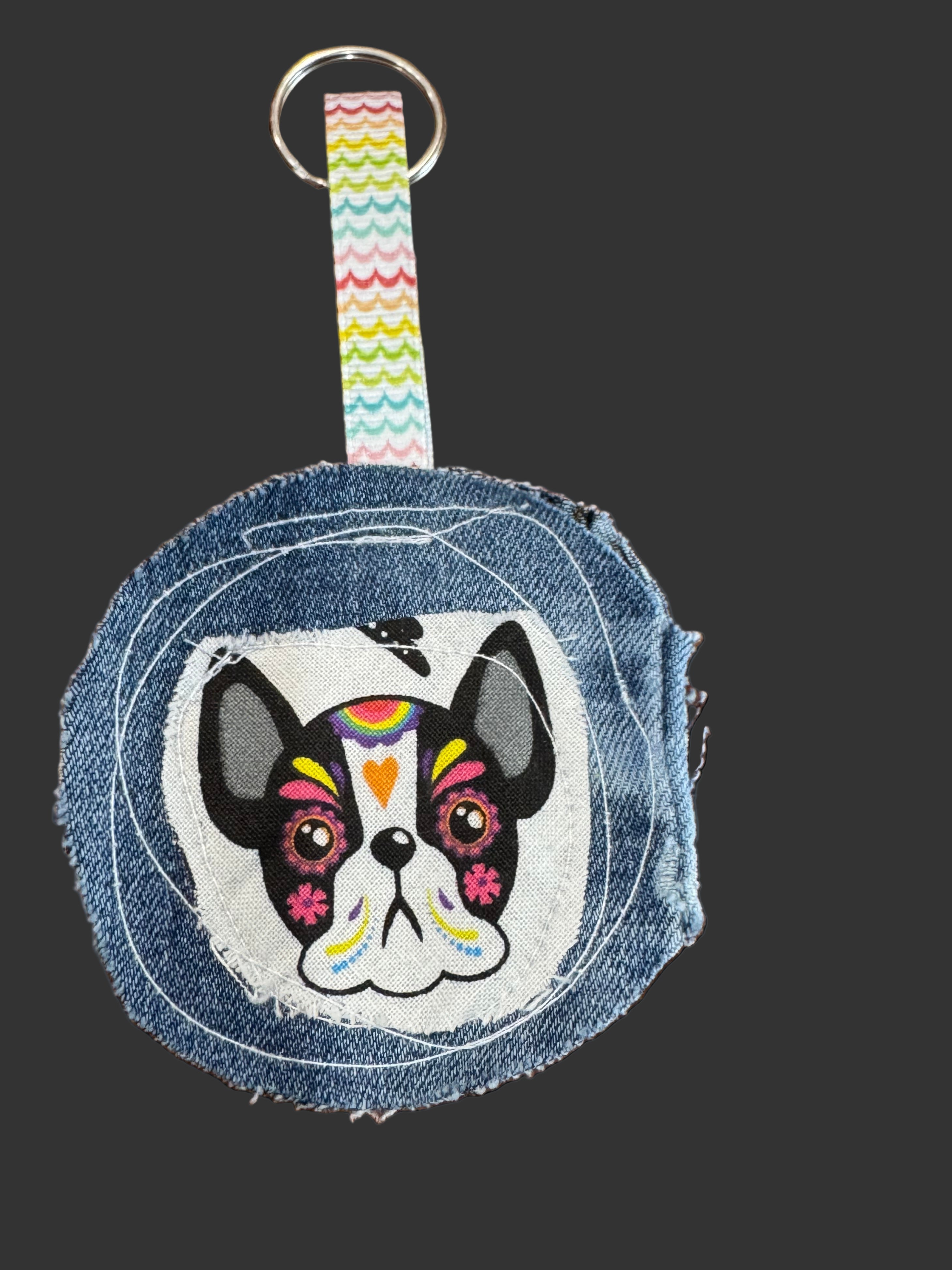 Upcycled Sugar Skull Dog Pocket Friendly Keychain